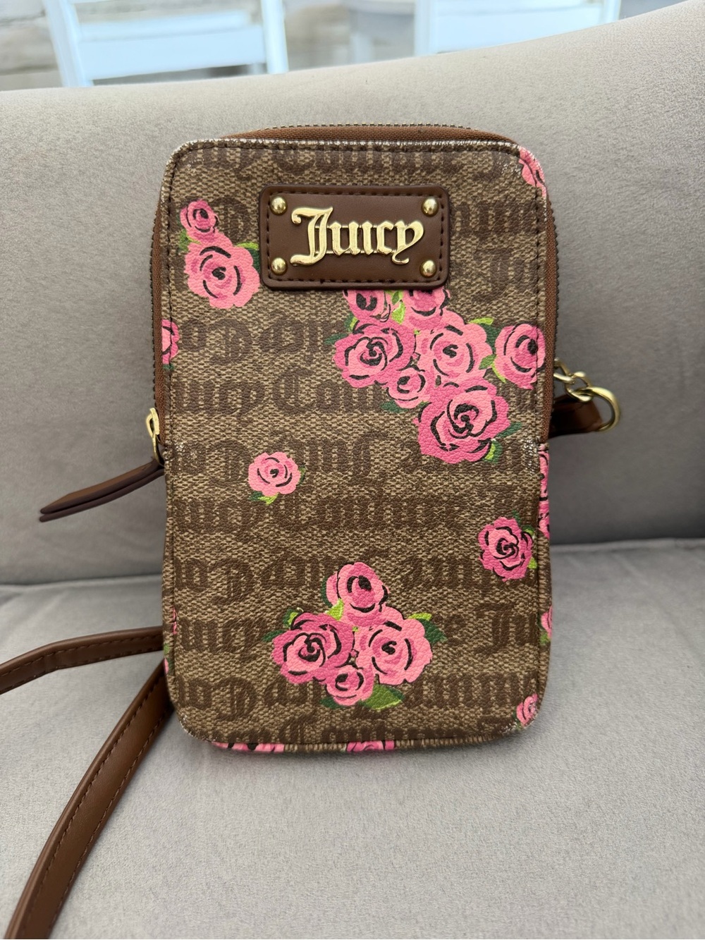 Juicy Couture Brown Crossbody Phone Bag with Pink Rose Print